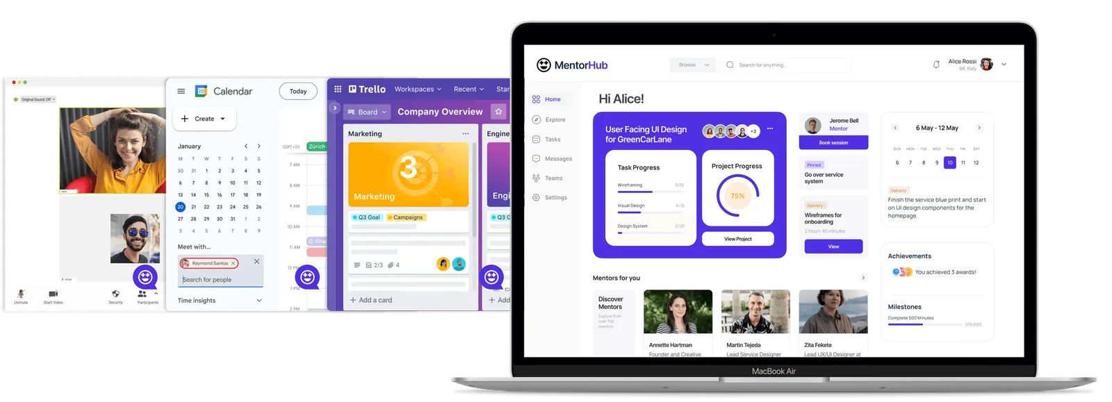 MentorHub plugins inside Zoom, Google Calendar and Trello, next to the MentorHub dashboard on a laptop