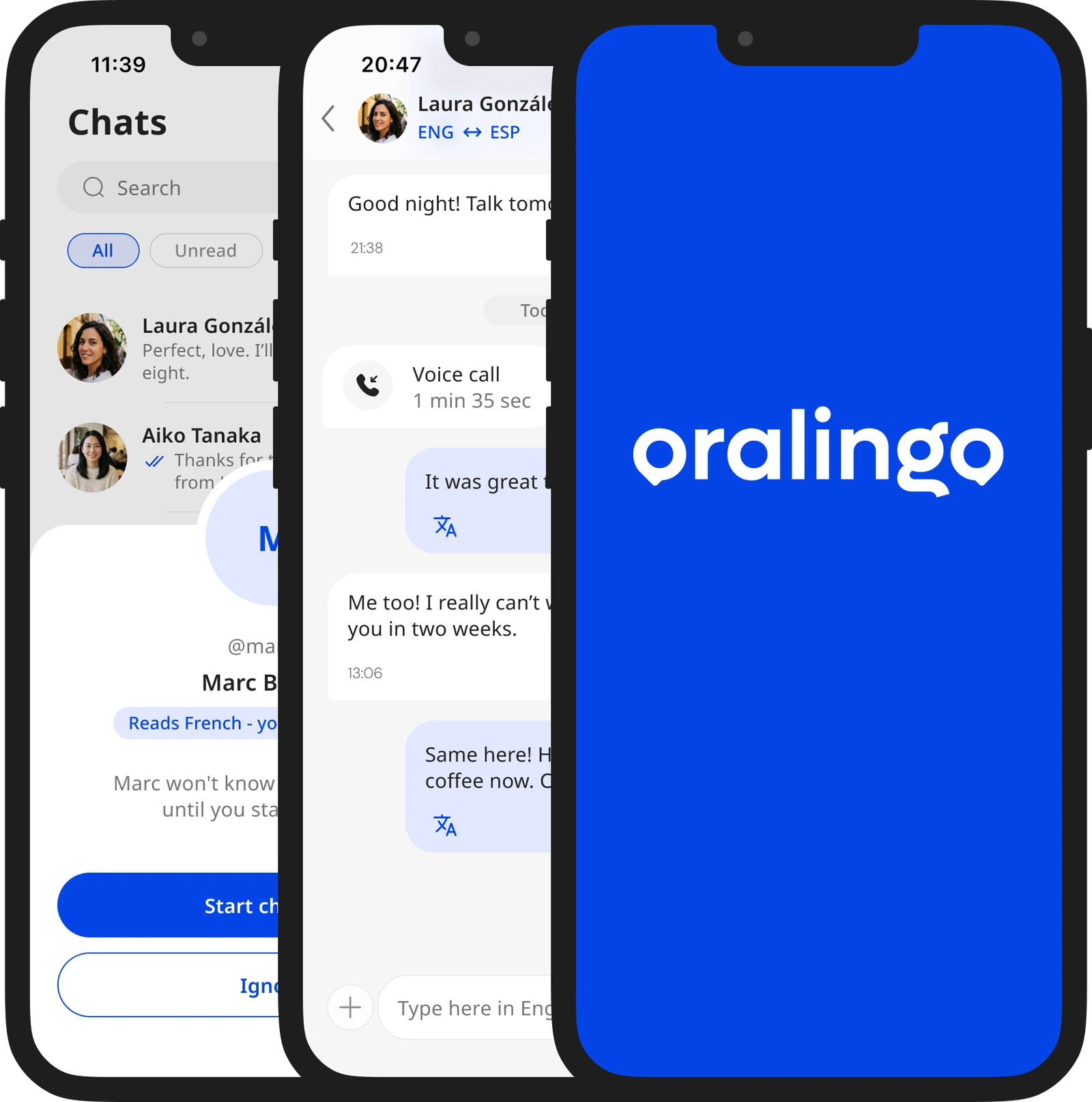 Three phones: a connection request, a chat where Laura’s Spanish messages arrive in English, and the Oralingo logo
