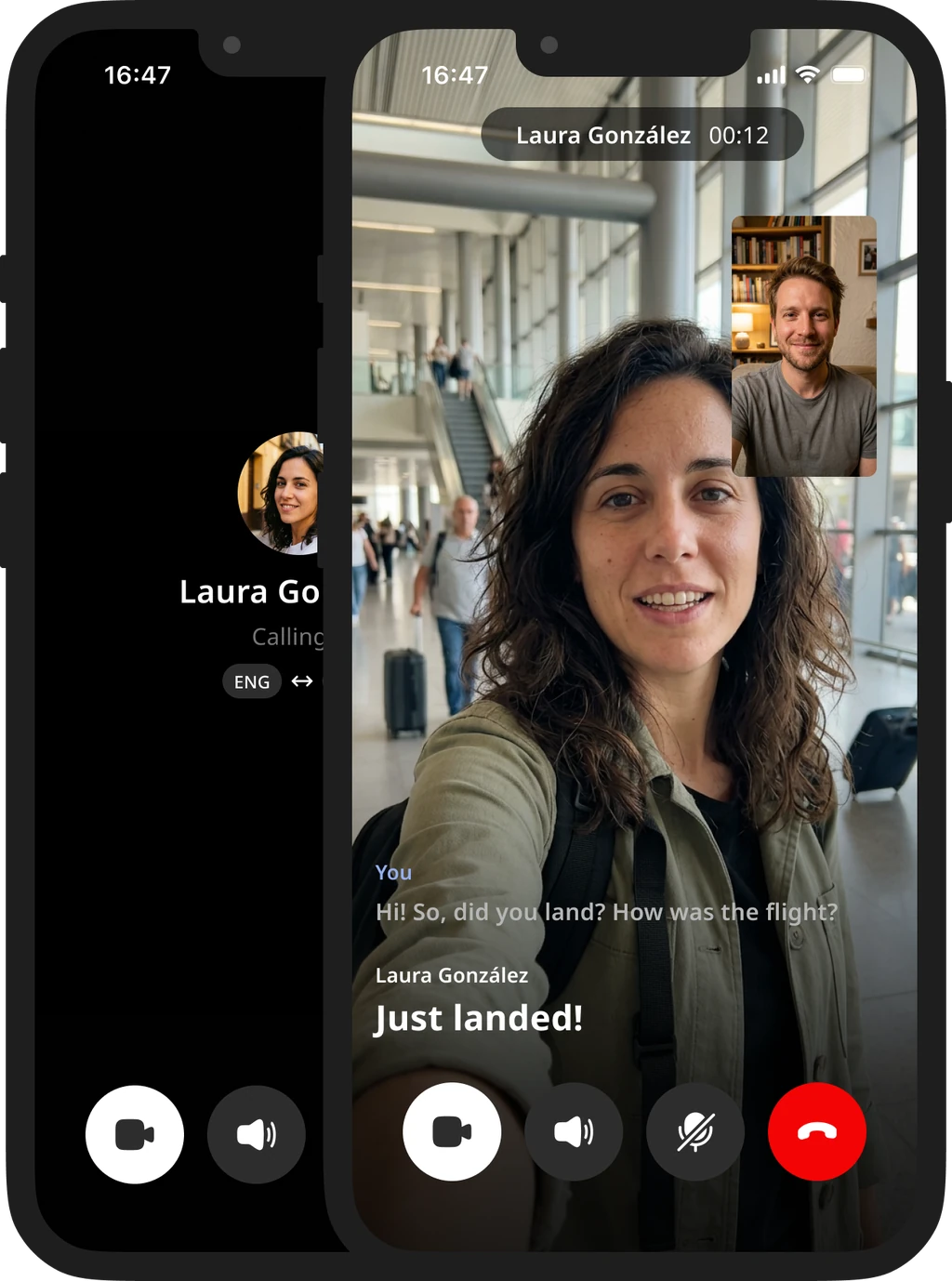 Calling Laura, then a video call with her real voice and captions in English