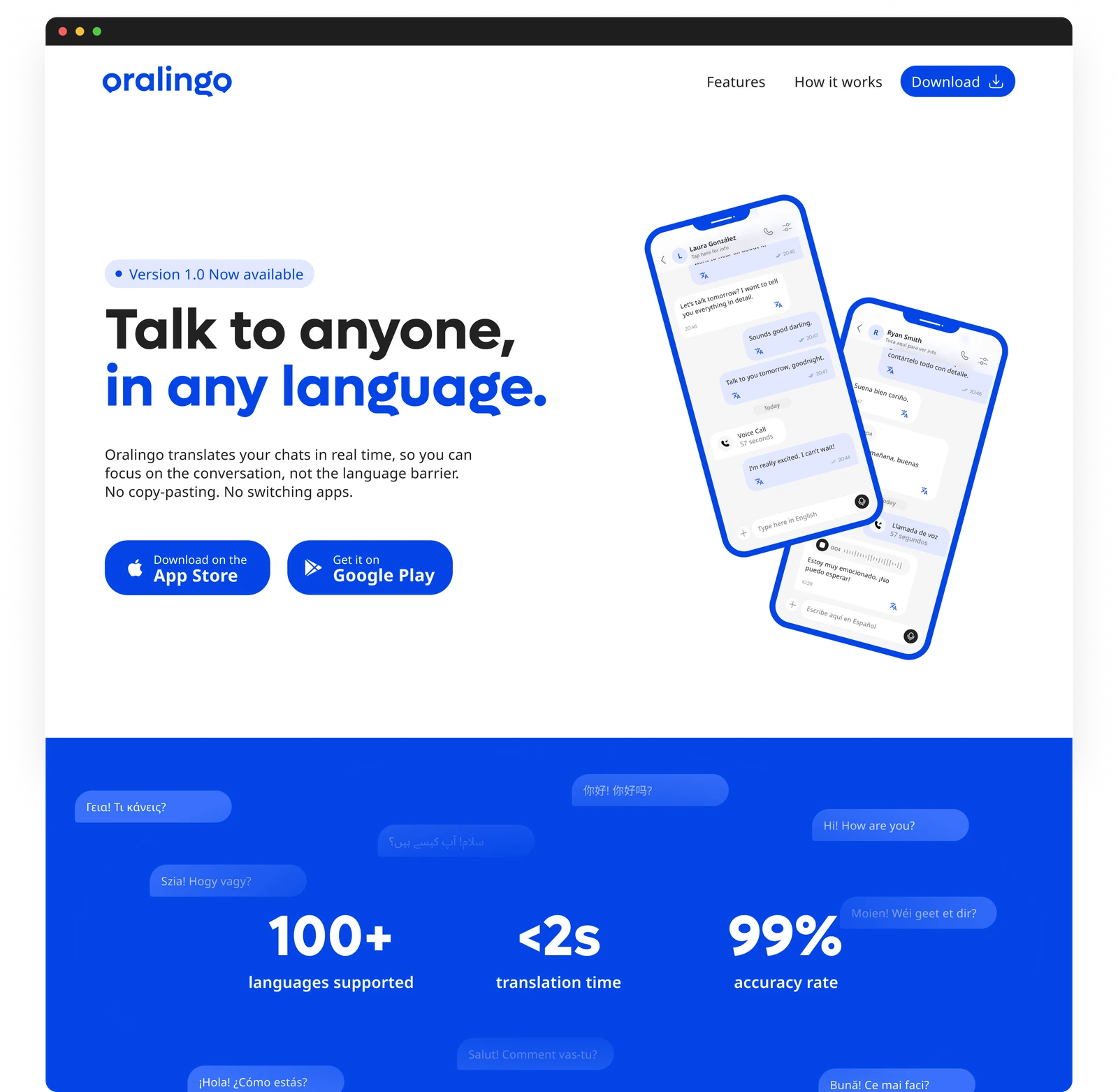 Oralingo marketing site in a browser: headline “Talk to anyone, in any language”, store buttons, and two phones showing the same chat in English and Spanish